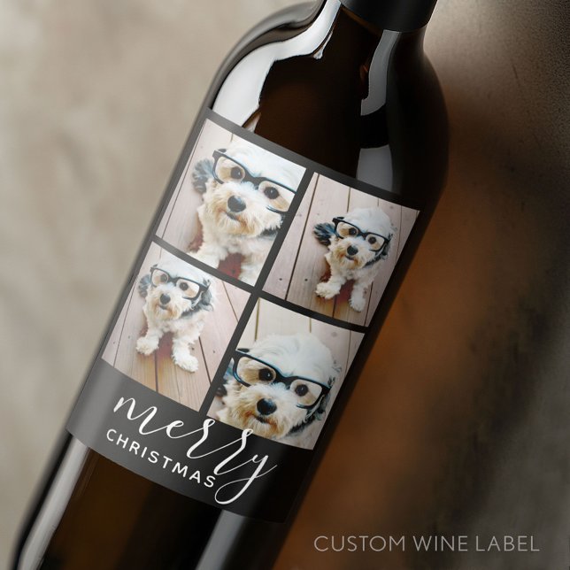 4 Foto Collage - Moderne frohe Weihnachtsschwarz Weinetikett (Custom Wine Bottle Label - Personalize a Sticker for a fun gift or memento)