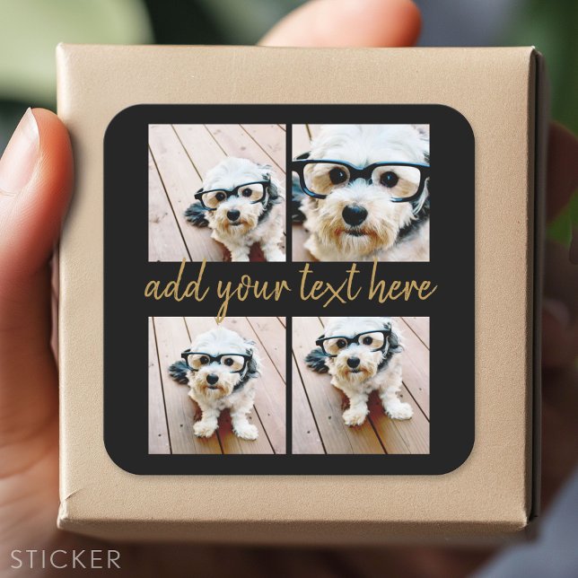 4 Foto Collage - Moderner Text mit Gold-Script Quadratischer Aufkleber (Custom Sticker)