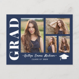 4 Foto Collage Modernes Skript Navy Blue Grad Postkarte