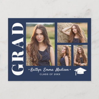4 Foto Collage Modernes Skript Navy Blue Grad Postkarte