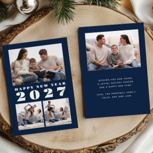 4-Foto-Collage Navyblau Silber Neujahr Folien Feiertagskarte