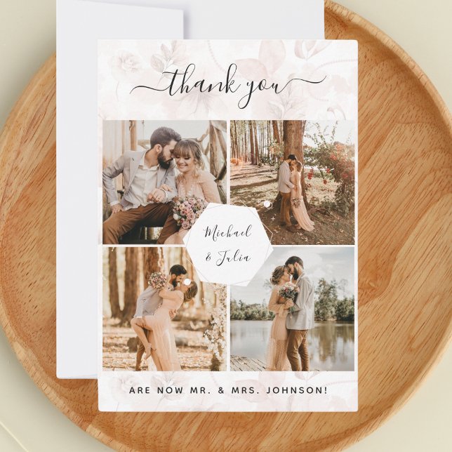 4 Foto Collage Pink Floral Wedding Vielen Dank Dankeskarte (Von Creator hochgeladen)