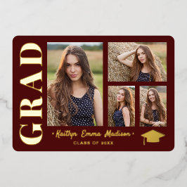 4 Foto Collage Red & Gold Foil Grad Card Folieneinladung