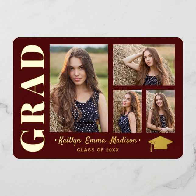 4 Foto Collage Red & Gold Foil Grad Card Folieneinladung (Vorderseite)