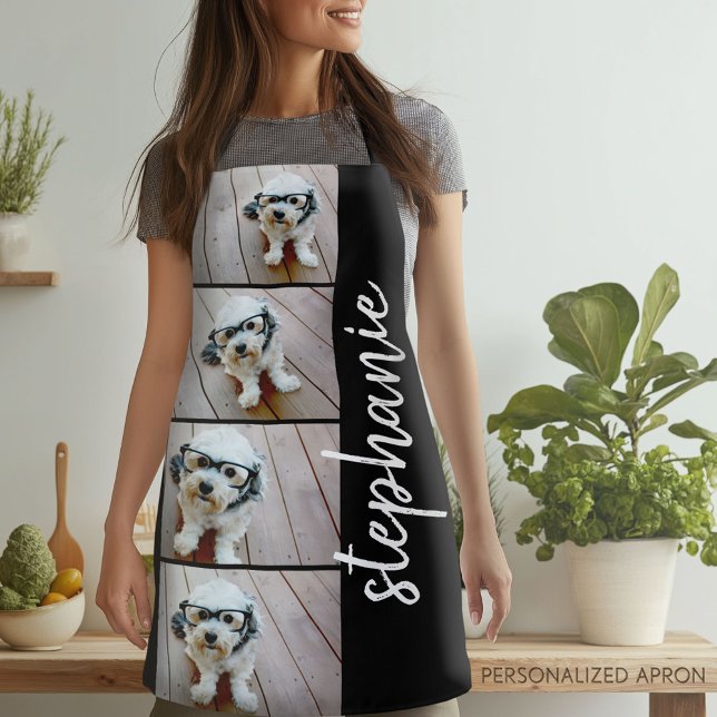 4 Foto Collage - schwarz mit weißem Skriptnamen Schürze (Personalized Apron)