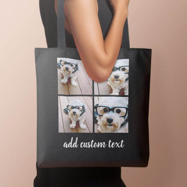4 Foto Collage Schwarzes Gitter und moderne weiße  (Personalized tote bag with photo and text)