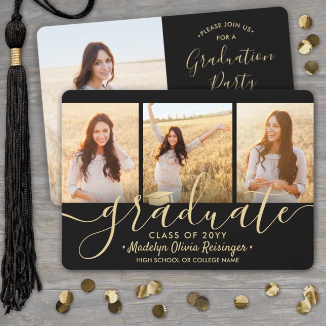 4 Foto Collage Script Black Gold Graduation Party Einladung (Von Creator hochgeladen)