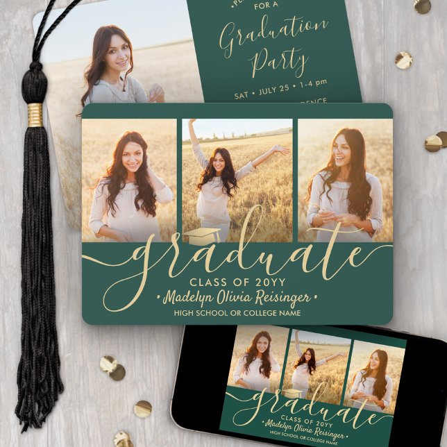 4 Foto Collage Script Green Gold Graduation Party Einladung (Von Creator hochgeladen)