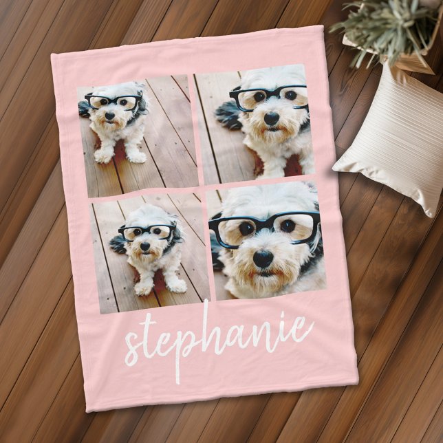 4 Foto Collage Script Name - kann blush pink bearb Fleecedecke (Personalized fleece blanket with 4 photos and custom text)