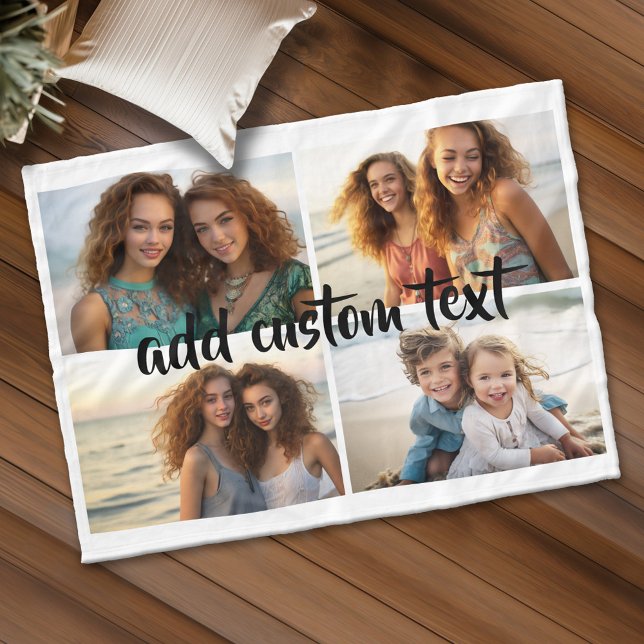 4 Foto-Collage Skripttext - editierbare Farben Fleecedecke (Custom Fleece Blanket - Add Photos and Text)