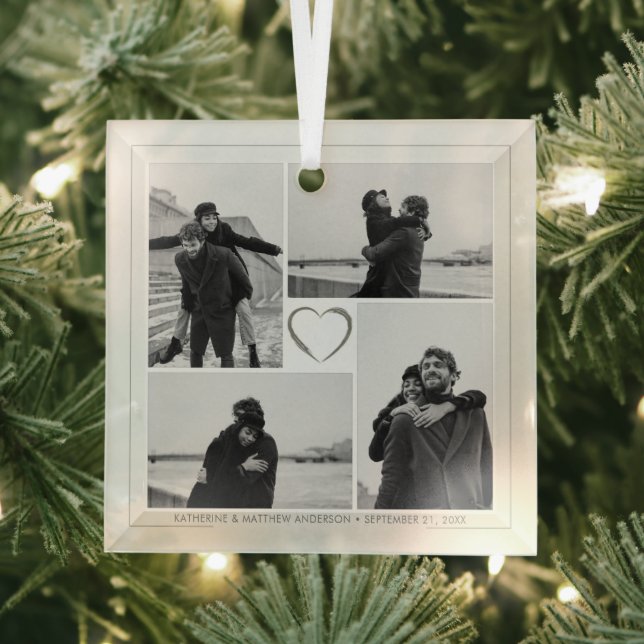 4 Foto Collage Wedding Anniversary Name & Datum Ornament Aus Glas (Insitu)