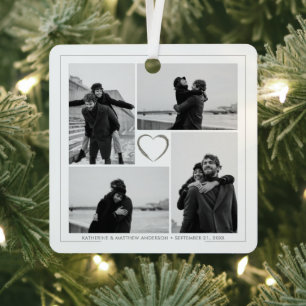 4 Foto Collage Wedding Anniversary Name & Datum Ornament Aus Metall