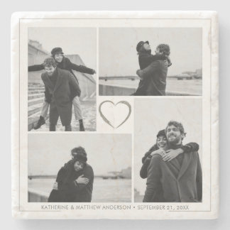 4 Foto Collage Wedding Anniversary Name & Datum Steinuntersetzer