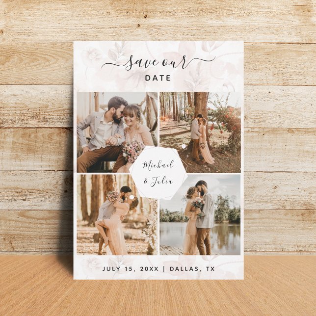 4 Foto Couple Collage & Pink Blush Blues Hochzeit Save The Date (Von Creator hochgeladen)