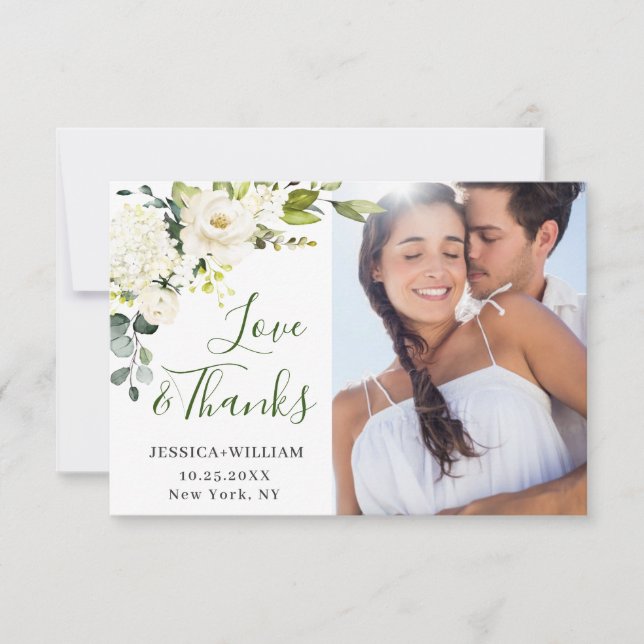 4 FOTO Elegante Eukalyptus Weiße Rosen Blütenblätt Dankeskarte (Vorderseite)