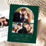 4-Foto Emerald Green Gold Arch Save the Date Ankündigungspostkarte<br><div class="desc">Diese einfache, minimalistische Save the Date Postkarte zeigt eine bogenförmige Collage aus drei Fotos über dem Wort "Save the Date" in goldfarbenem Schriftsatz, gefolgt von den Namen des Fotos, dem Hochzeitstag und der Stadt in sans serif Schriftart auf einem smaragdgrünen Hintergrund. Fügen Sie ein viertes, horizontales Foto und eine detailliertere...</div>