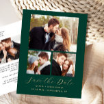 4-Foto Emerald Green Gold Save the Date Ankündigungspostkarte<br><div class="desc">Diese schlichte, minimalistische Save the Date Postkarte zeigt eine Foto-Collage von drei Fotos über dem Wort "Save the Date" in elegantem goldfarbenem Handschriftenschreiben, gefolgt von den Namen der Ehepaare, dem Hochzeitstag und der Stadt in sans serif Schriftart auf einem smaragdgrünen Hintergrund. Fügen Sie ein viertes, horizontales Foto und eine detailliertere...</div>