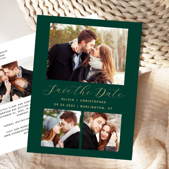 4-Foto Emerald Green Gold Save the Date Postkarte (Von Creator hochgeladen)