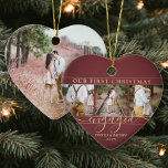 4 Foto Erste Weihnachtszeit Verlobt Burgund Rotes  Keramik Ornament<br><div class="desc">Feiern Sie den fröhlichen 1. Urlaub Ihrer Verlobung mit einer maßgeschneiderten, herzförmigen 4-Foto-Collage "Unser erstes Weihnachtsfest Verlobt" Bordeaux und goldfarbenen, herzförmigen Keramik-Ornament. Alle Texte und Bilder auf dieser Vorlage sind einfach zu personalisieren. (IMAGE PLACEMENT TIP: Eine einfache Möglichkeit, ein Foto genau so zu zentrieren, wie Sie es gewollt haben, ist...</div>
