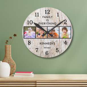 4 Foto Familie ist alles Zitat helles Holz Runde Wanduhr