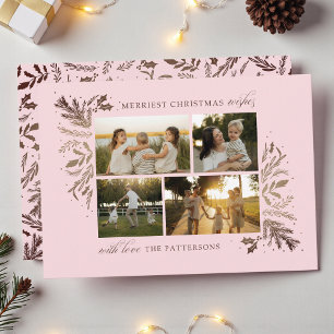 4-Foto-Familien-Weihnachten Rosa Botanische Collag Feiertagskarte