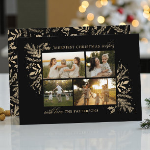4 Foto Familienweihnachten Schwarz Gold Botanisch Feiertagskarte