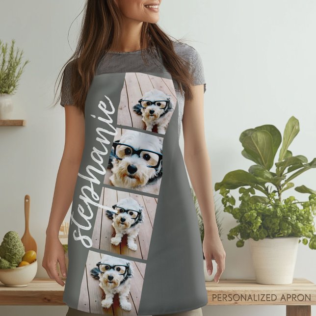 4 Foto Filmstreifen Collage Script Name grau Schürze (Personalized Apron)
