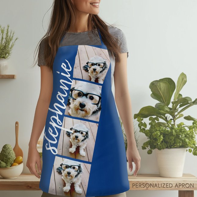 4 Foto Filmstreifen Collage Script Name Royal Blue Schürze (Personalized Apron)