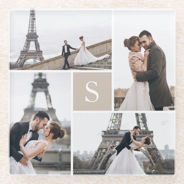 4 Foto Gallerie und Farbblock Monogramm Glasuntersetzer (Vorderseite)