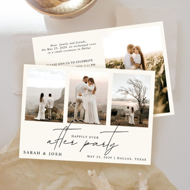 4 Foto glücklich je nach Party Creme Hochzeit Ankündigung (Easily personalize this wedding reception invite with your details and wedding photos!)
