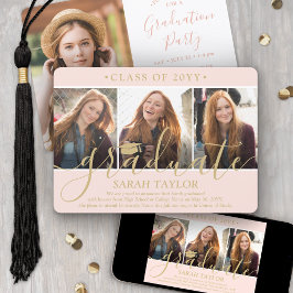 4 Foto Graduation Party Blush Pink & Gold Script Einladung