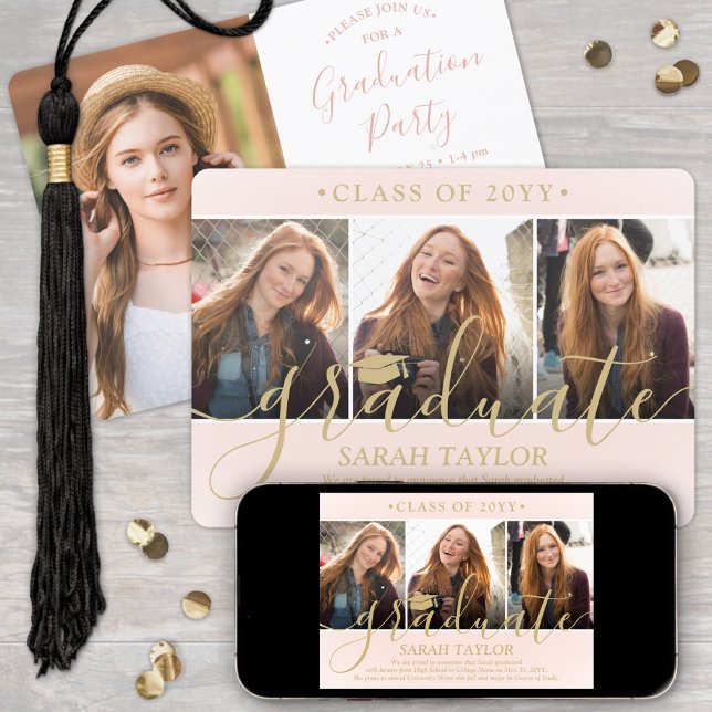 4 Foto Graduation Party Blush Pink & Gold Script Einladung (Von Creator hochgeladen)