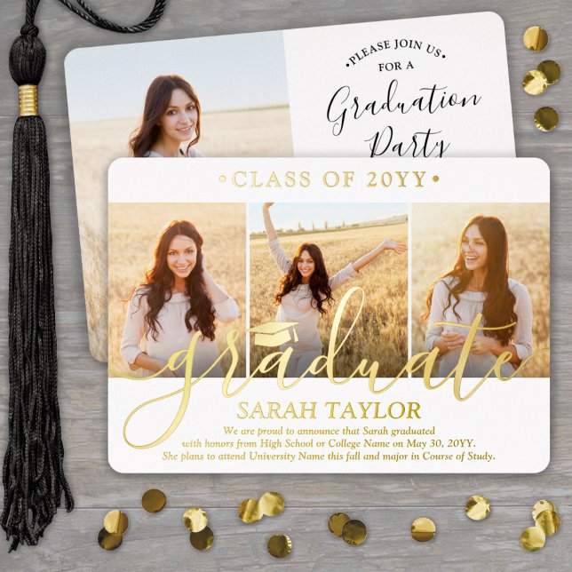 4 Foto Graduation Party Elegant White and Gold Folieneinladung (Von Creator hochgeladen)