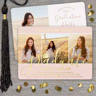 4 Foto Graduation Party Elegantes Rosa & Gold Folieneinladung