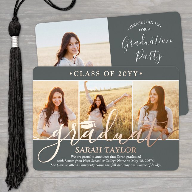 4 Foto Graduation Party Modernes Script Gray und Folieneinladung (Von Creator hochgeladen)