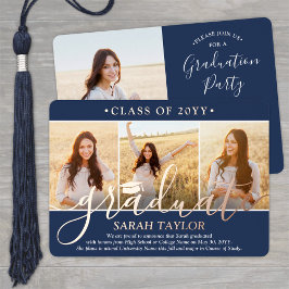 4 Foto Graduation Party Modernes Script Navy Blue  Folieneinladung