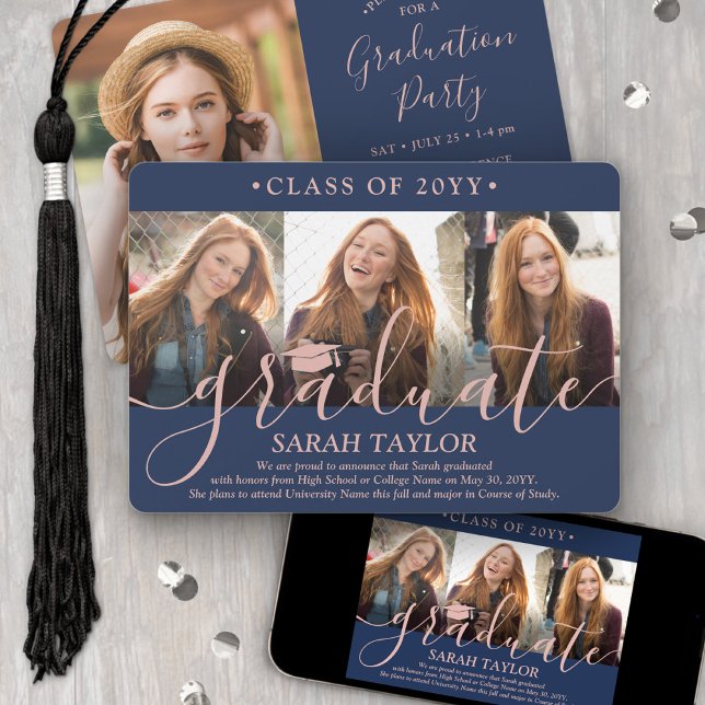 4 Foto Graduation Party Navy Blue & Pink Script Einladung (Von Creator hochgeladen)