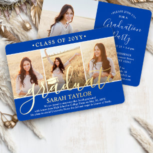 4 Foto Graduation Party Royal Blue White and Gold Folieneinladung