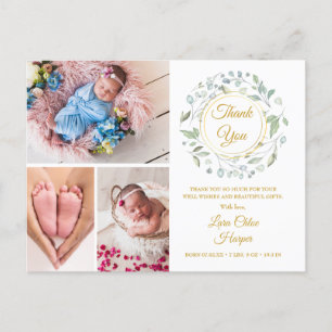 4 Foto Grünpflanzen Floral Gold Danke Baby Geburt  Ankündigungspostkarte