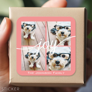 4 Foto Instagram Collage mit Holiday Joy Coral Quadratischer Aufkleber