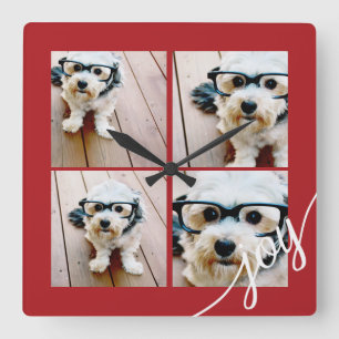 4 Foto Instagram Collage mit Holiday Joy Red Quadratische Wanduhr