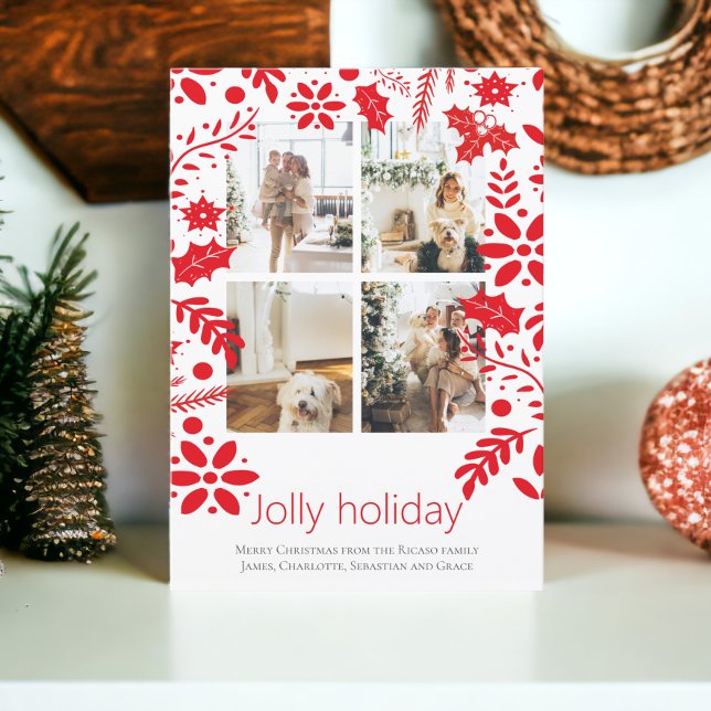 4 Foto Jolly Holiday Nordische Blume Weihnachten Karte (4 Photo Jolly Holiday Nordic Flower Christmas Card featuring holly. From Ricaso. Add your own photos)