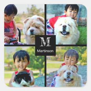 4 Foto kundenspezifische Collage mit Monogramm Quadratischer Aufkleber