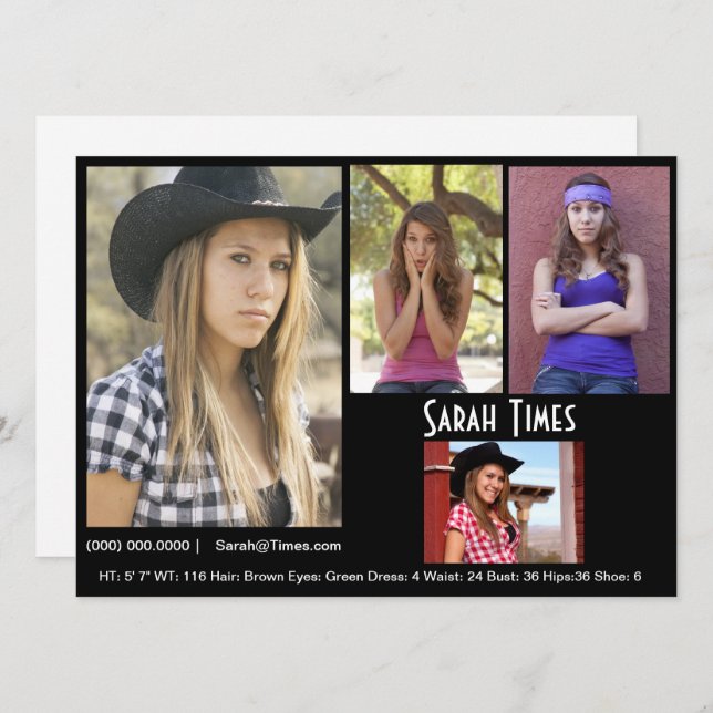 4-Foto-Modell-Comp-Karte Schwarze Vorlage (Vorne/Hinten)