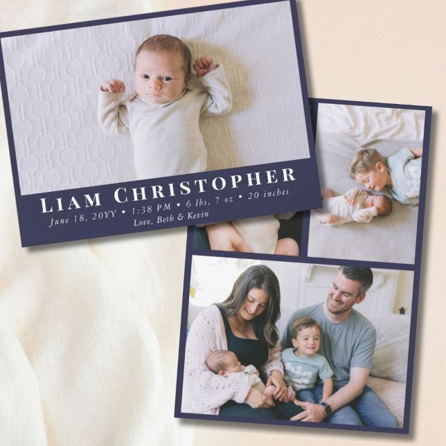 4 Foto Moderne Minimal Navy Blue Simple Baby Birth Ankündigung (4 Photo Modern Minimal Navy Blue Simple Baby Birth Announcement
)