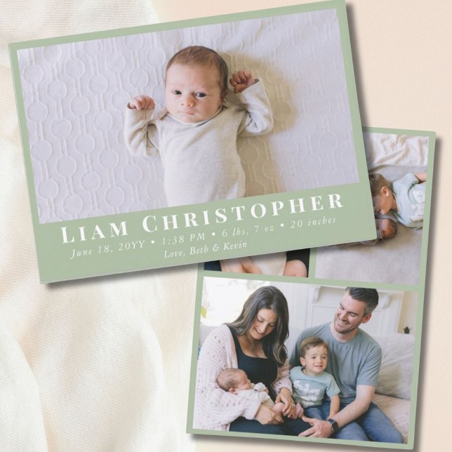 4 Foto Moderne Minimal Sage Green Einfache Geburt Ankündigung (4 Photo Modern Minimal Sage Green Simple Birth Announcement
)