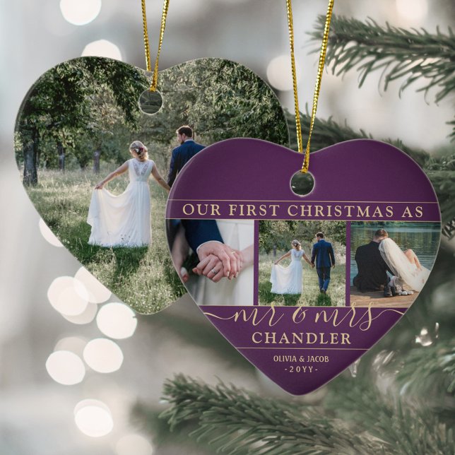 4 Foto Mr. & Mrs. 1. Christmas Plum Lila Heart Keramik Ornament (Von Creator hochgeladen)