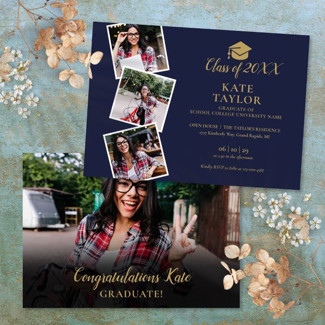 4 Foto Navy Blue and Gold Graduation Party Einladung (4 Photo Navy Blue And Gold Graduation Party Invitation)