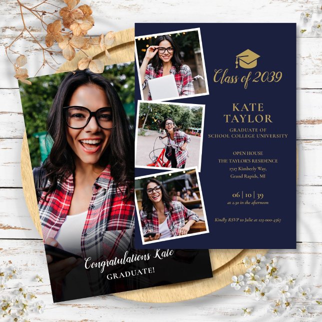 4 Foto Navy Blue Gold Graduation Party Einladung (4 Photo Navy Blue Gold Graduation Party Invitation)