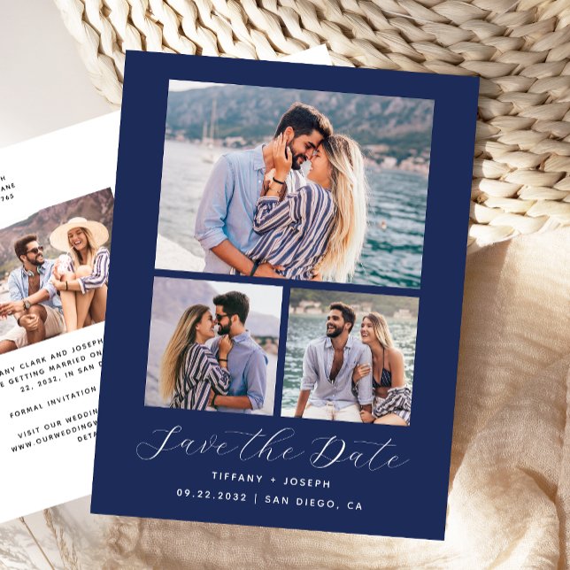 4 Foto Navy Blue Save the Date Postkarte (Von Creator hochgeladen)